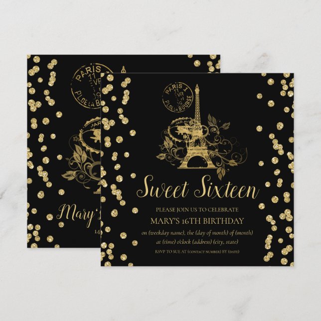 Invitation Noir de confettis de parties scintillantes de (Devant / Derrière)