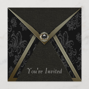 Invitation Noir de damassé et partie noirs élégants d'or