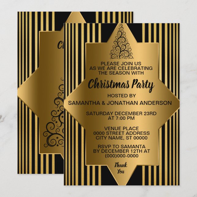 Invitation Noir de Noël noir géométrique Elegance Party Inv (Devant / Derrière)