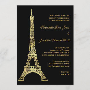 Invitation Noir de Tour Eiffel et mariage parisiens d'or
