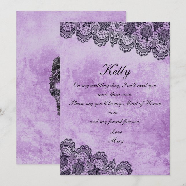 Invitation Noir Dentelle Violet Demoiselle d'Honneur Mariage  (Devant / Derrière)