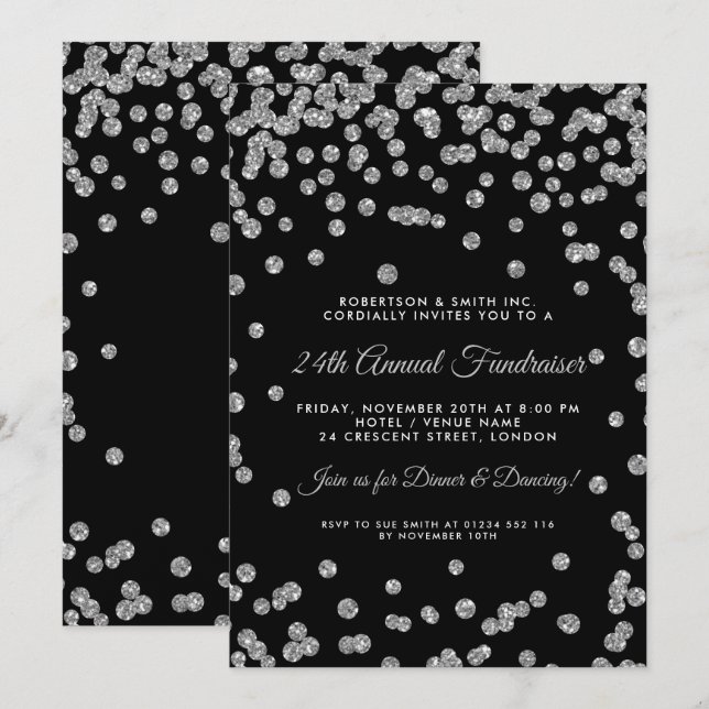 Invitation Noir d'entreprise de confettis d'argent de dîner (Devant / Derrière)