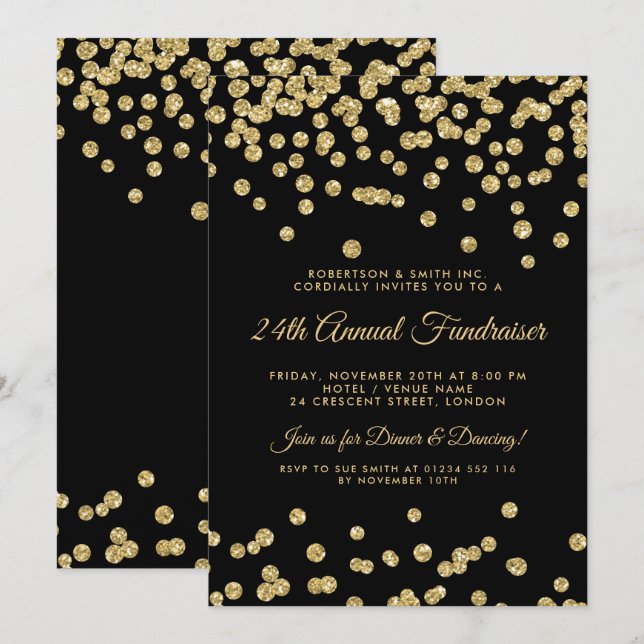 Invitation Noir d'entreprise de confettis de parties (Devant / Derrière)
