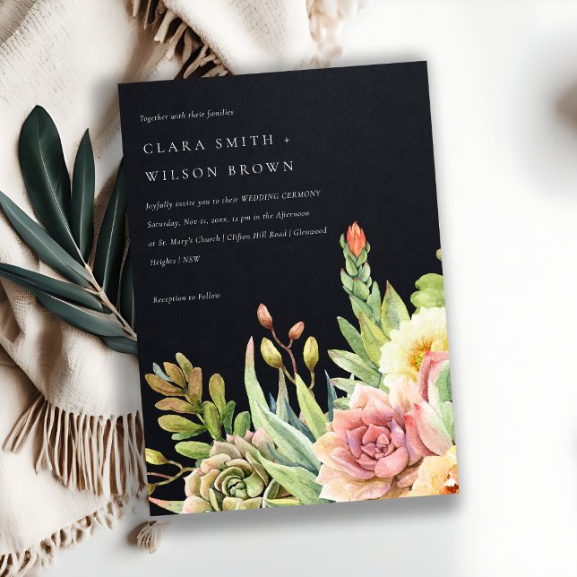 INVITATION NOIR DÉSERT BLEU SUCCULENT CACTI FOLIAGE MARIAGE (Créateur téléchargé)