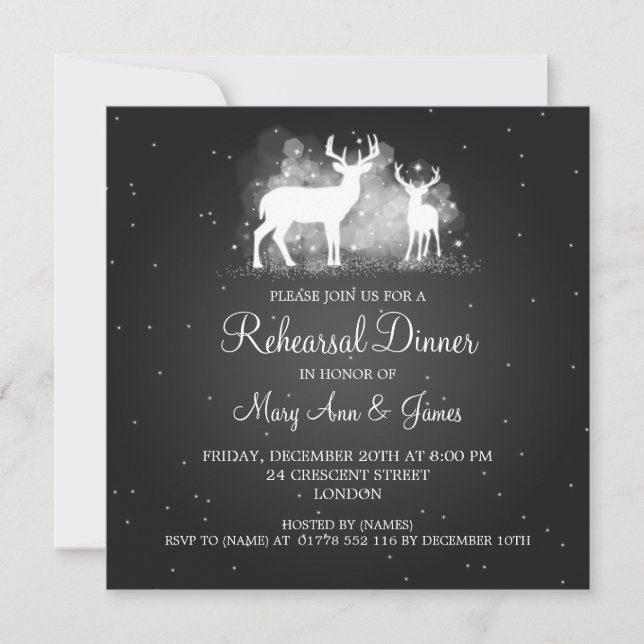 Invitation Noir d'étincelle de cerfs communs d'hiver de dîner (Devant)