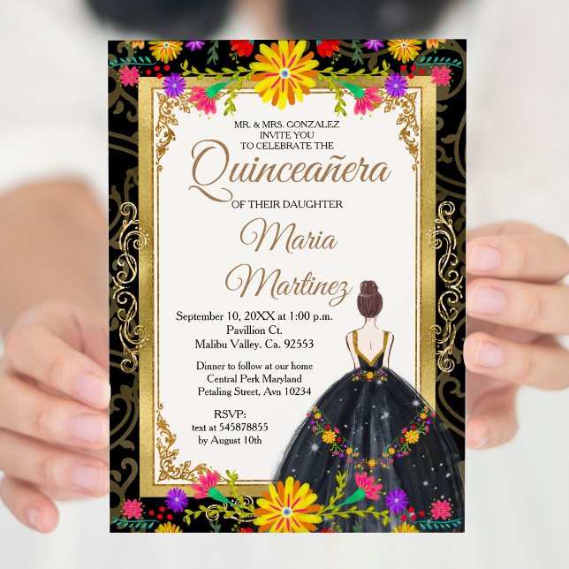 Invitation Noir d'or avec fleurs mexicaines Quinceañera (Créateur téléchargé)