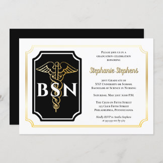 Invitation Noir élégant | Gold Nurse BSN Graduation Party