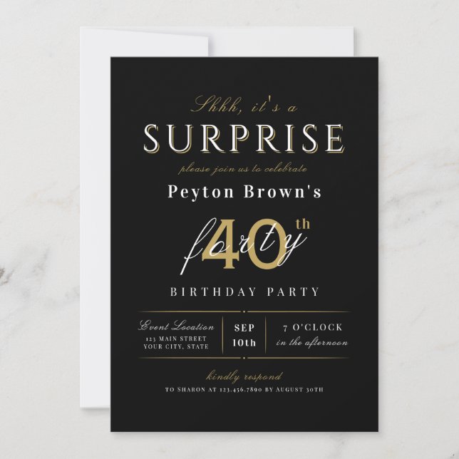 Invitation Noir élégant moderne classe surprise 40e anniversa (Devant)