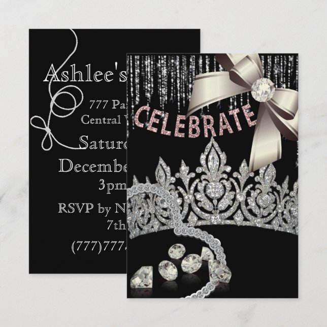 Invitation Noir et argent avec diamants couronne rose fête (Devant / Derrière)