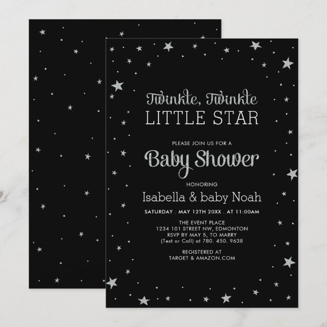 Invitation Noir et argent | Baby shower Twinkle Little Star (Devant / Derrière)