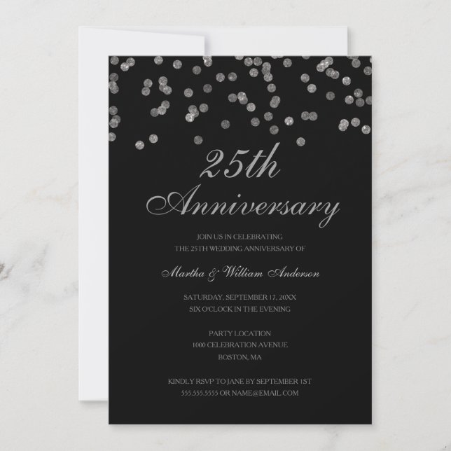 Invitation Noir et argent Confetti 25e anniversaire de mariag (Devant)