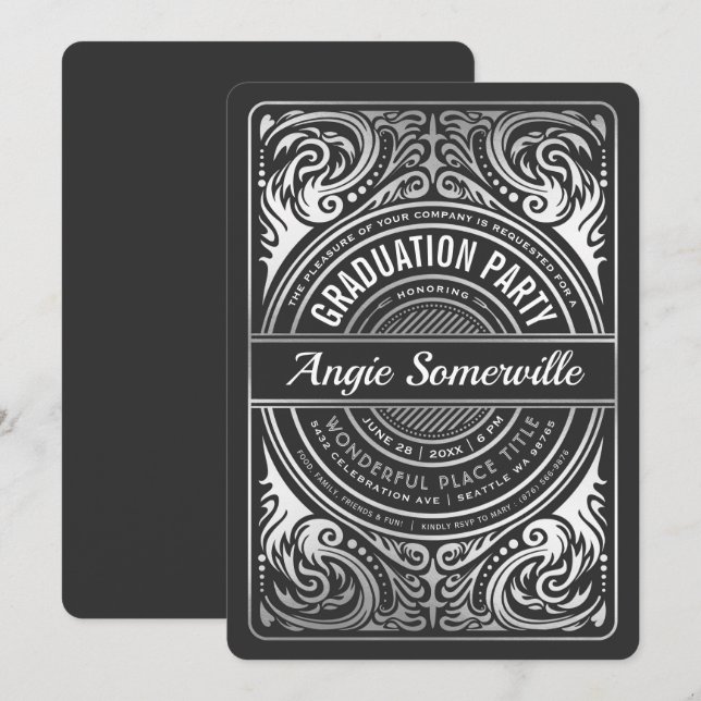 Invitation Noir et argent d'invitations de fête de remise des (Devant / Derrière)