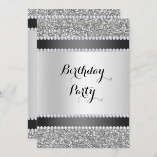 Invitation Noir et argent, Parties scintillant et diamants An