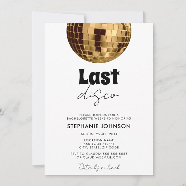 Invitation Noir et blanc avec Dernier or Disco Bachelorette (Devant)