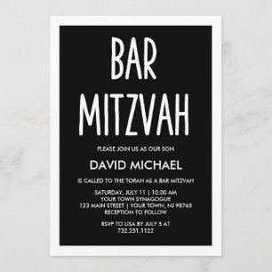 Invitation Noir et blanc  Bar de typographie moderne Mitzvah