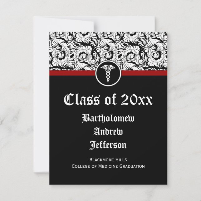 Invitation Noir et blanc Caduceus Médicale School Graduation (Devant)