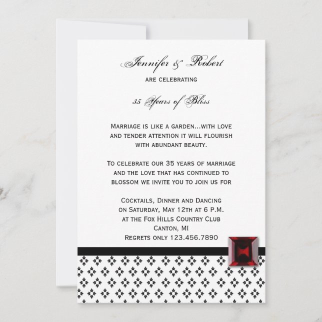 Invitation Noir et Blanc Damask Rubis Anniversaire (Devant)