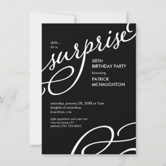 Invitation Noir et blanc Elégante Surprise Anniversaire Fête
