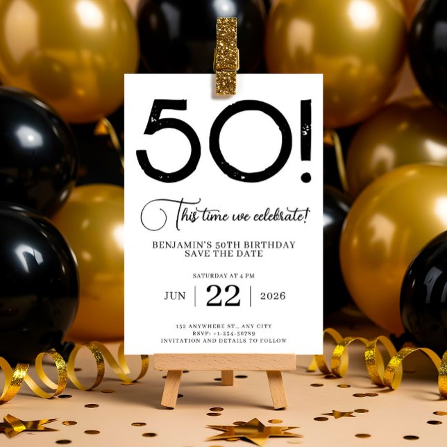 Invitation Noir et blanc Enregistrer la date 50e anniversaire (Black and White Save The Date 50th Birthday Invitatio)