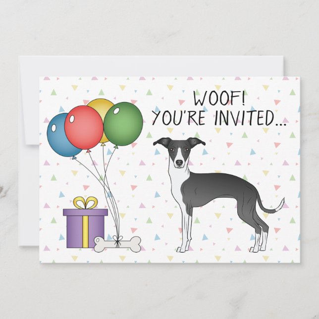 Invitation Noir et Blanc Italien Greyhound Chien Anniversaire (Devant)