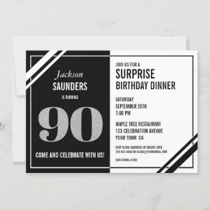 Invitation Noir et blanc moderne 90e anniversaire surprise