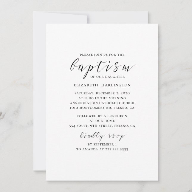 Invitation Noir et blanc moderne calligraphie simple baptême (Devant)