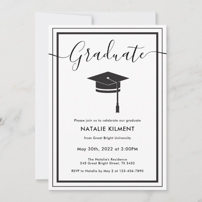 Invitation Noir et blanc Moderne Casquette diplômé (Devant)