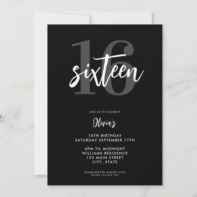 Invitation Noir et blanc moderne Elégant 16e anniversaire (Devant)