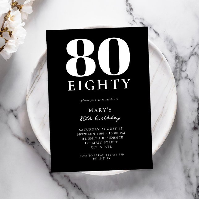 Invitation Noir et blanc moderne Elégant 80e anniversaire (Créateur téléchargé)