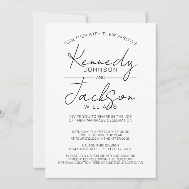 Invitation Noir et blanc Moderne MCM Mariage Calligraphie (Devant)
