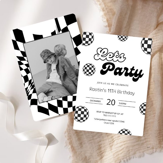 Invitation Noir et blanc rétro À damiers Motif Anniversaire (Créateur téléchargé)