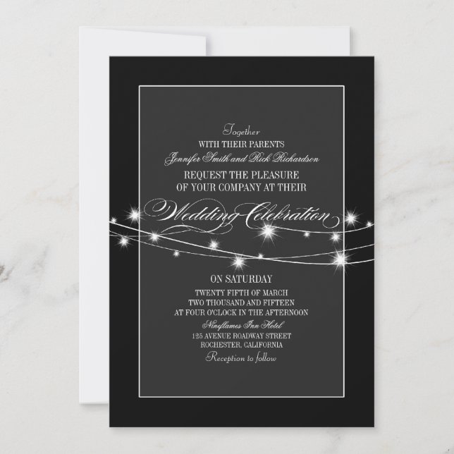 Invitation Noir et blanc scintillant lumières mariage moderne (Devant)