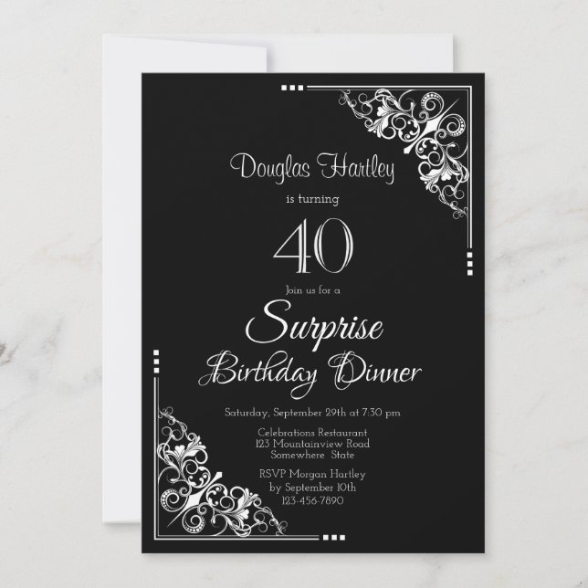 Invitation Noir et blanc Surprise Dîner du 40e anniversaire (Devant)