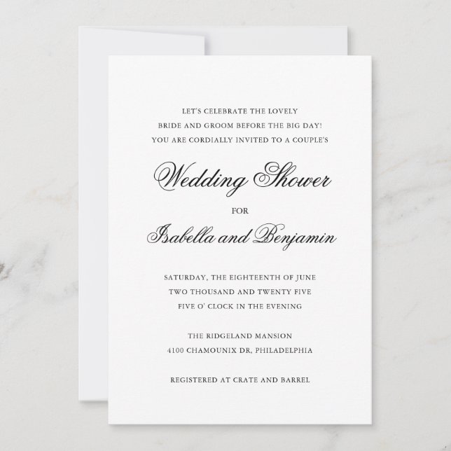 Invitation Noir et blanc traditionnel Elégant Mariage Douche (Devant)