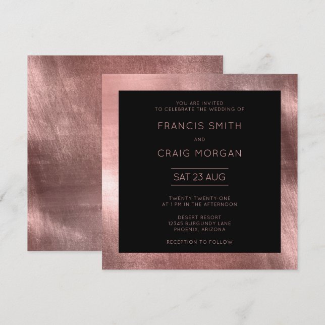 Invitation Noir et Faux Rose Gold Foil Mariage moderne (Devant / Derrière)