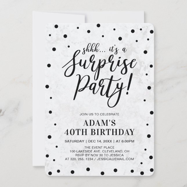 Invitation Noir et marbre | Fête d'anniversaire surprise mode (Devant)