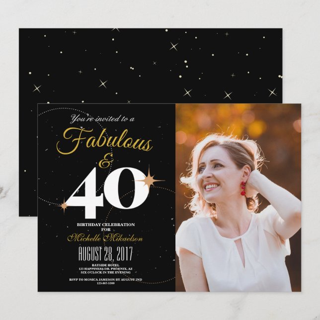 Invitation Noir et or | 40 et fabuleuse photo d'anniversaire (Devant / Derrière)