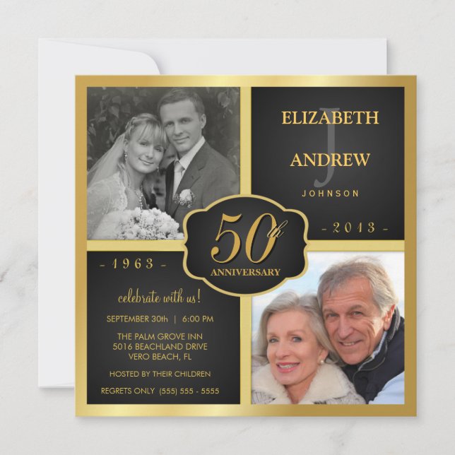 Invitation Noir et Or 50e Anniversaire de Mariage (Devant)
