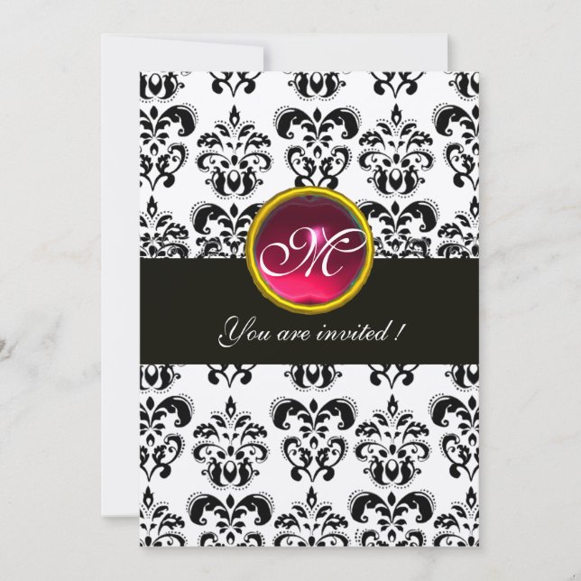 Invitation NOIR ET OR DAMASK MONOGRAM, rubis rouge, fuchsia (Devant)