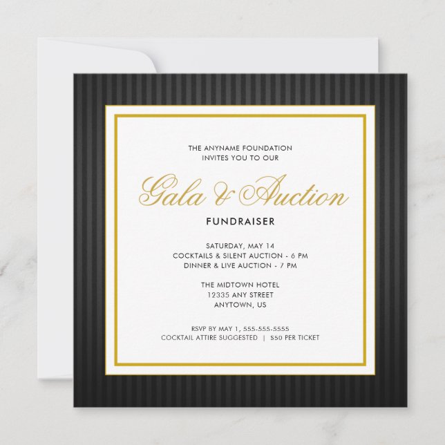 Invitation Noir et or | Enchères de gala et collecte de fonds (Devant)