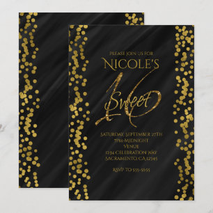 Invitation Noir et or faux Moderne Glamour SWEET 16 Seize