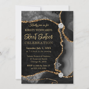 Invitation Noir et Or Faux Paillettes Agate Sweet 16