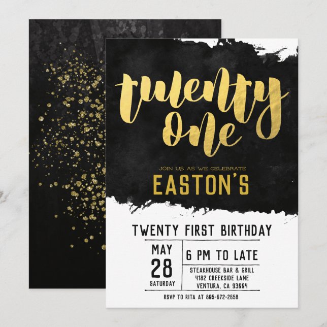 Invitation Noir et or | Fête du 21e anniversaire (Devant / Derrière)