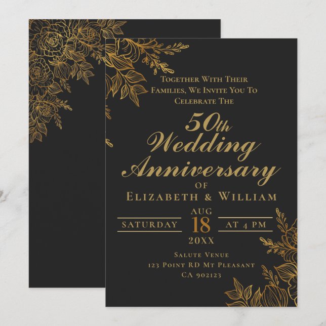 Invitation Noir et or floral mariage anniversaire de mariage (Devant / Derrière)