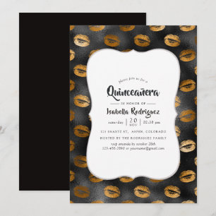Invitation Noir et or Glam Lips Motif Quinceañera