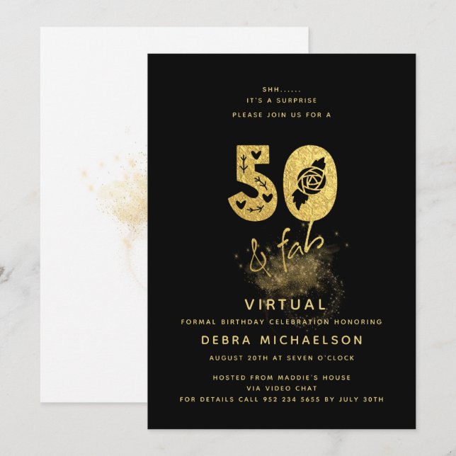 Invitation Noir et Or glamour 50 & Fab Anniversaire virtuel (Devant / Derrière)