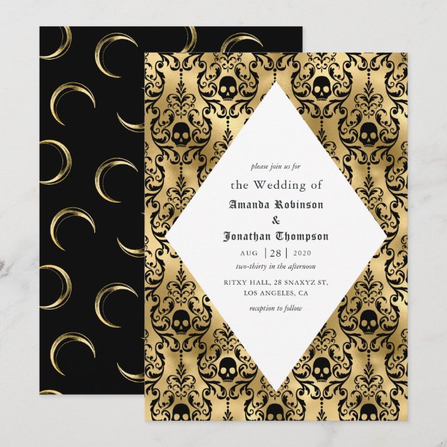 Invitation Noir et or Halloween Damask Mariage gothique (Devant / Derrière)