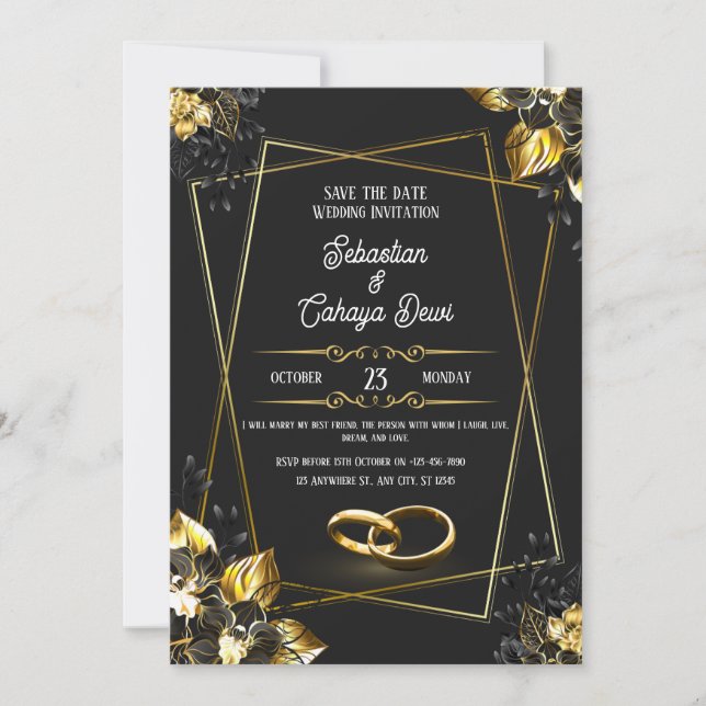 Invitation Noir et or mariage élégant (Devant)