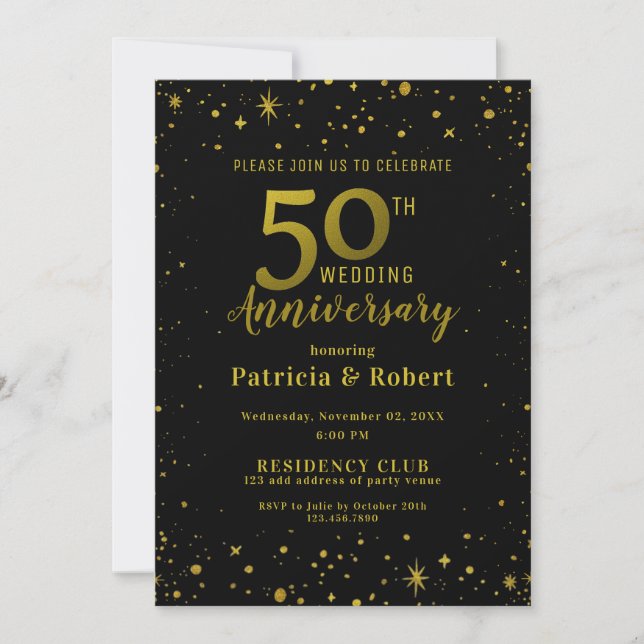 Invitation Noir et or paillettes 50e anniversaire de mariage (Devant)