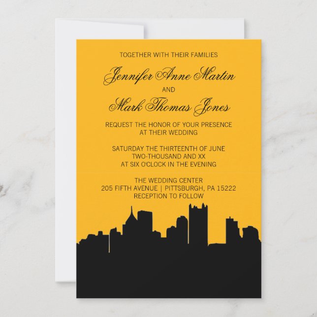 Invitation Noir et or Pittsburgh City Skyline Mariage II (Devant)